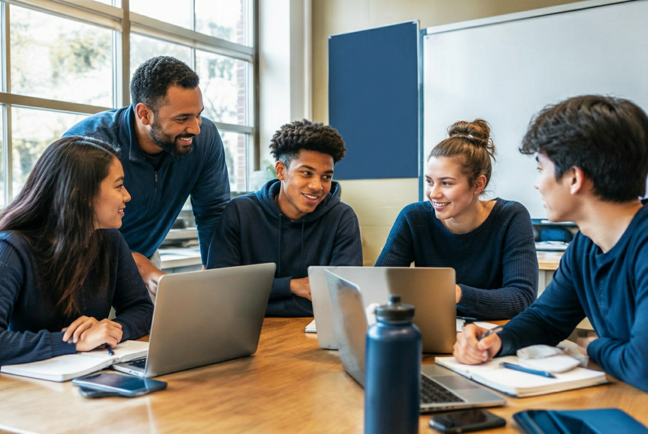 Young people collaborating with a mentor in a classroom